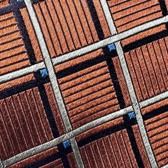 Ermenegildo Zegna Silk Tie Brown Copper Gold Geometric Grid Made in Italy - Picture 5 of 9